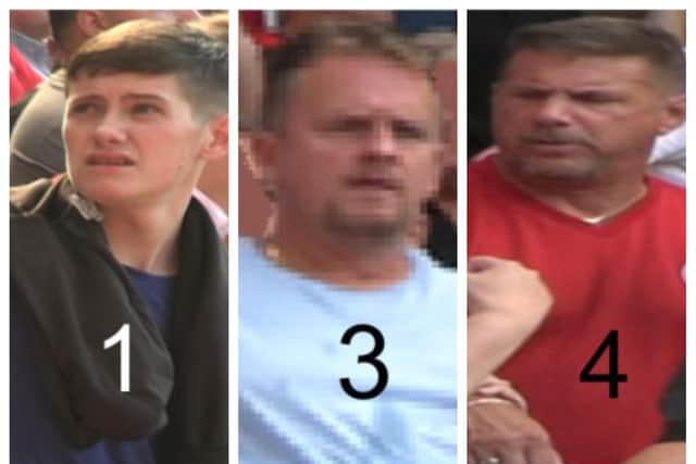 Cleveland Police are seeking the three men pictured after trouble at the Championship match between Middlesbrough and Sheffield United on August 14