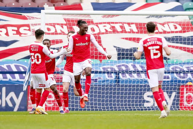 Rotherham United's Freddie Ladapo (centre) celebrates with his teammates after Preston North End's Joe Rafferty scores an own goal during the Sky Bet Championship match at Deepdale, Preston.  Tim Markland/PA Wire.