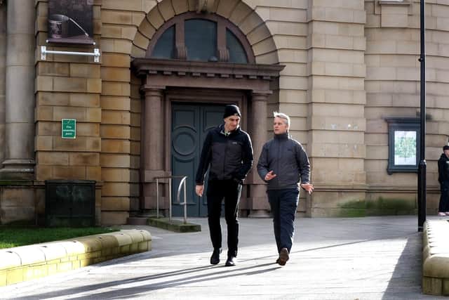 Sheffield City Region Active Travel director Pete Zanzottera and Richard Pilgrim (right) from the SYPTE active travel team walking through the resdesigned Fitzalan Square before the lockdown