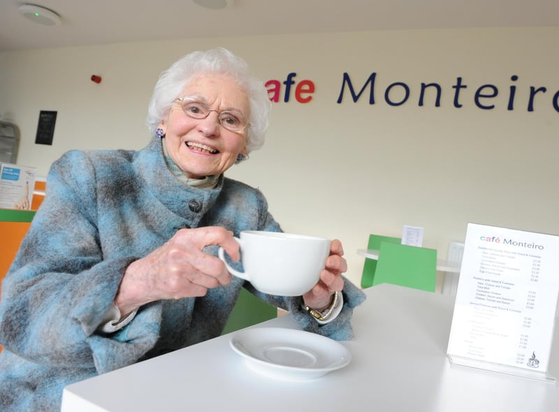 Doreen Monterio enjoys a cuppa in the cafe named after her  in Beach Road, South Shields in 2016.