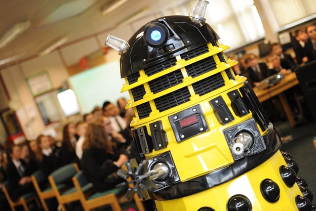 Doctor Who writer Dan Blythe and Dalek collector Rob Hull visit Danum Academy Upper School as part of World Book Day in 2015 with, of course, a Dalek