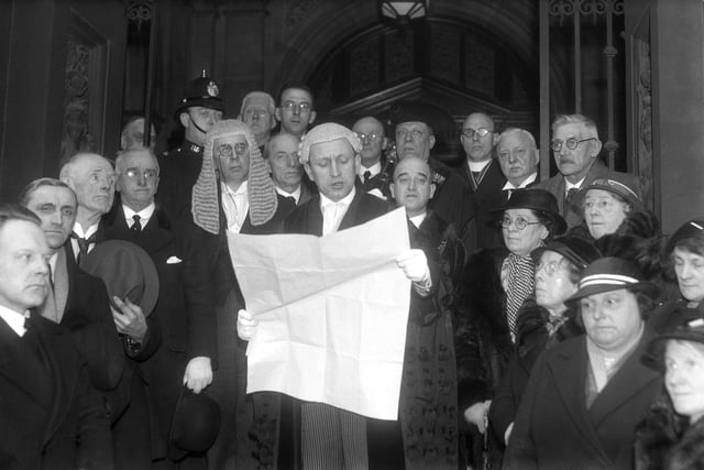 The Town Clerk of Sunderland, Mr G S McIntire, is pictured reading the Royal Proclamation of Edward VIII at Sunderland Town Hall.