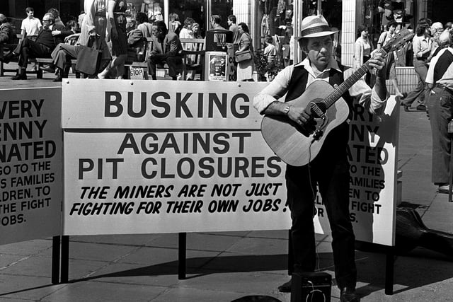 Busker Andy supported the miners in Fargate during the miners strike in April 1984