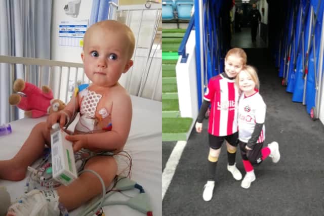 Jorgie Bramall in hospital and her sisters, Hollie and Isabelle.