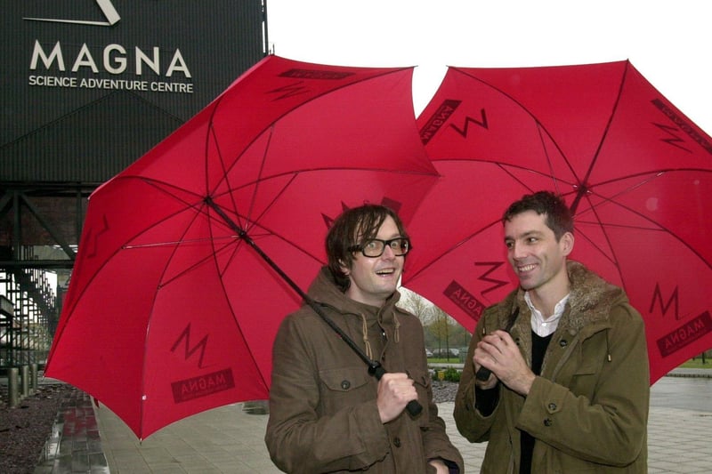 Jarvis Cocker and bass guitarist Steve Mackey of Pulp outside Magna in Rotherham in October 2002 to promote the Auto Festival at the science adventure centre that December, where Jarvis announced their split on stage