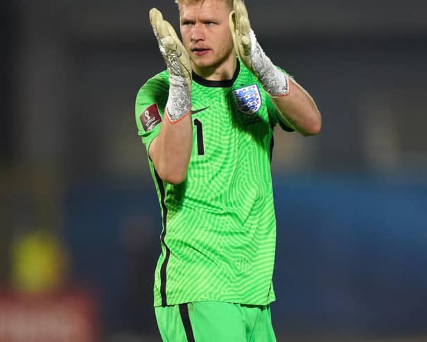 England goalkeeper Aaron Ramsdale celebrates after the final whistle of his debut against San Marino: Nick Potts/PA Wire