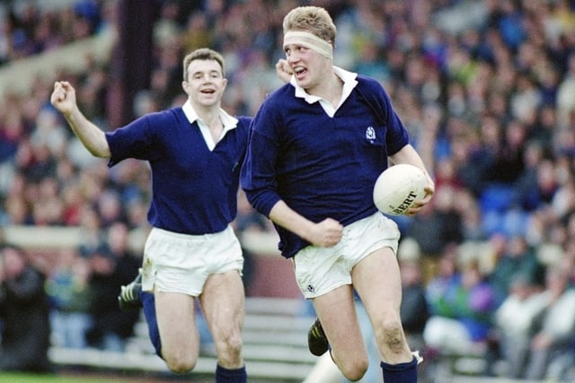 Blainslie farmer Doddie Weir, 50, was in both 1990 and 1999’s Scotland squads for the Five Nations. The former Melrose and Border Reivers player was capped 61 times between 1990 and 2000. Here he's pictured running in a try watched by team-mate Stuart Reid during a Scotland A game against Spain at Murrayfield on December 28, 1991. (Photo by Rusty Cheyne/Allsport/Getty Images/Hulton Archive)
