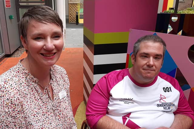 Eighteen years ago, Sheffield Children’s Hospital saved his life. And today, Fraser Lamb, now aged 30, made a triumphant return to the hospital, carrying the baton for the 2020 Birmingham Commonwealth Games’ baton relay. Fraser is pictured with hospital trust chief executive Ruth Brown