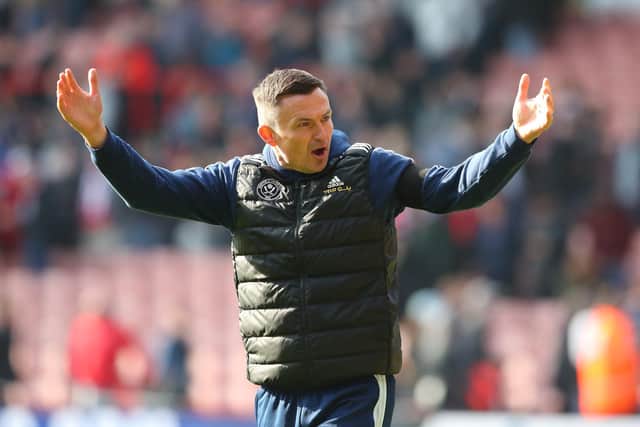 Paul Heckingbottom, manager of Sheffield United, acknowledges the fans during the Sky Bet Championship match against Cardiff City: Simon Bellis / Sportimage