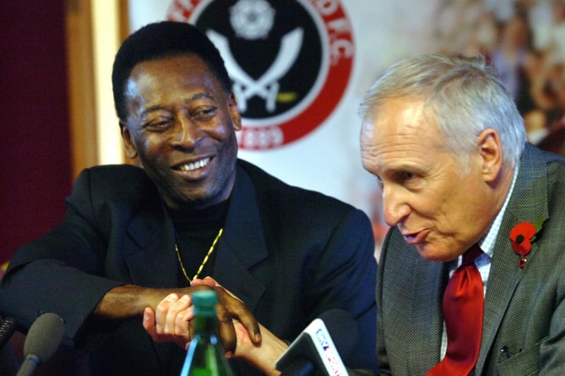 Pele at Bramall Lane, pictured shaking hands with Kevin McCabe