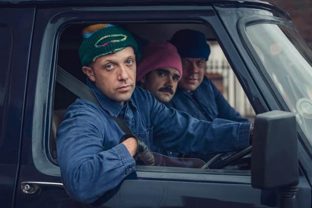 Phil (Hugo Chegwin), Albert (Allan Mustafa) and Mick (Tom Davis) star in The Robbery - the first episode of Channel 4's The Curse. Photo: Channel 4/Ben Blackall