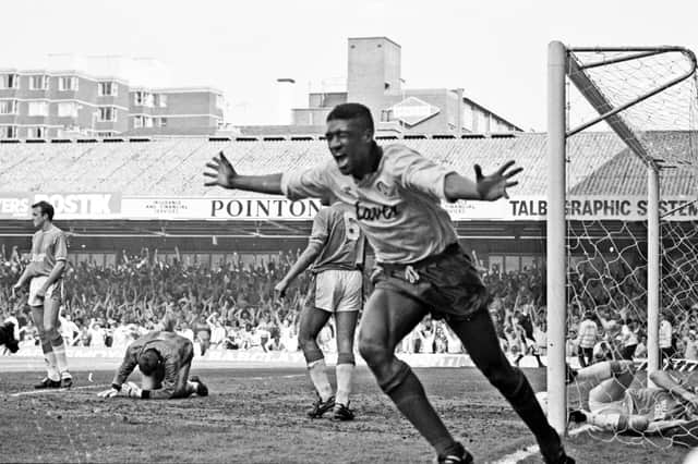 Sheffield United v Leicester City - 5 May 1990 - Brian Deane ecstatic after scoring and putting United firmly on the road to promotion.