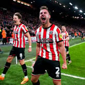 Sheffield United's George Baldock celebrates after team-mate Anel Ahmedhodzic (not pictured) scores their side's second goal