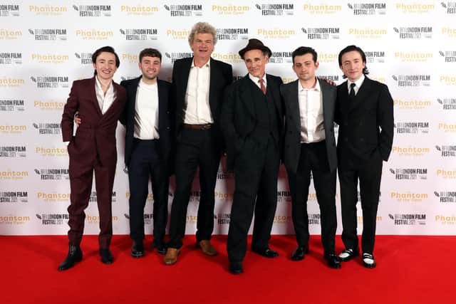 Christian Lees, Jake Davies, Simon Farnaby, Mark Rylance, Craig Roberts and Jonah Lees attend "The Phantom Of The Open" World Premiere during the 65th BFI London Film Festival at The Royal Festival Hall on October 12, 2021 in London, England. (Photo by Lia Toby/Getty Images for BFI)