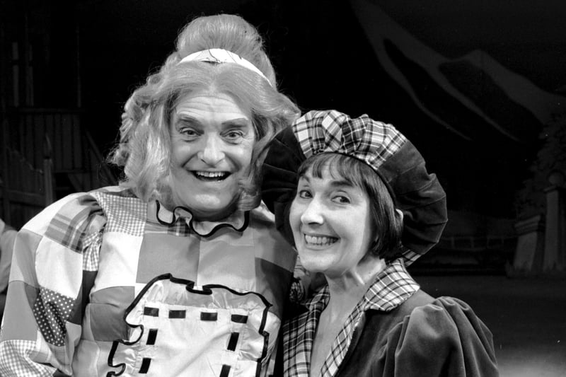 Scottish entertainers Jimmy Logan (as Dame Lizzie Trotter) and Una McLean (as Wondrenan) were appearing in Jack and the Beanstalk pantomime at the King's theatre Edinburgh, December 1987.
