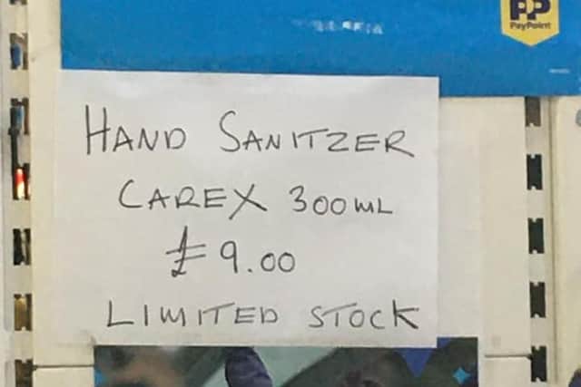 Hand sanitiser being sold for £9 a bottle at Crystal Peaks market in Sheffield