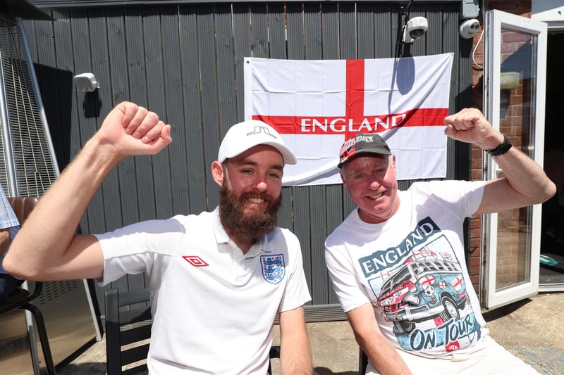 England Fans watching England V Croatia at The Shepherds Crook pub.  Adam Beckett and his dad Bob. Picture: Stuart Martin (220421-7042)