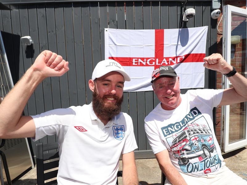 England Fans watching England V Croatia at The Shepherds Crook pub. Adam Beckett and his dad Bob. Picture: Stuart Martin (220421-7042)