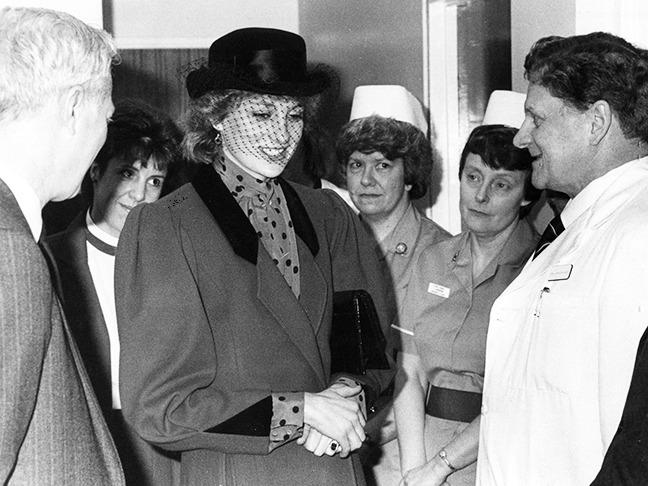 Diana Princess of Wales chats to hospital staff at Sheffield's Jessop Hospital, on April 8, 1986