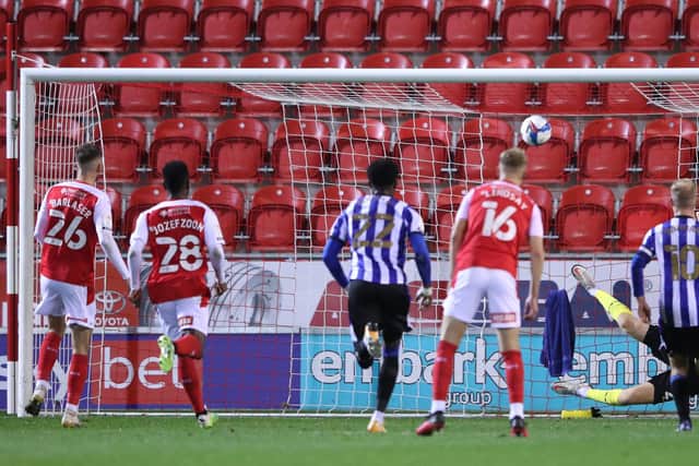 Daniel Barlaser scores Rotherham United's second goal from the penalty spot in the Millers' 3-0 win over Sheffield Wednesday at the AESSEAL New York Stadium on Wednesday night. (Photo by Alex Pantling/Getty Images)