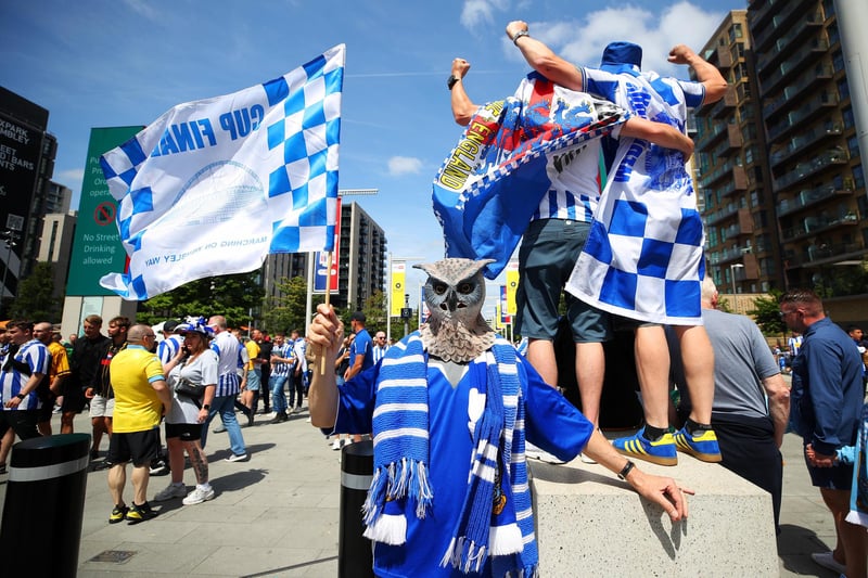 LONDON, ENGLAND - MAY 29: A Sheffield Wednesday fan poses for a photo while wearing an owl mask outside the stadium prior to the Sky Bet League One Play-Off Final between Barnsley and Sheffield Wednesday at Wembley Stadium on May 29, 2023 in London, England. (Photo by Catherine Ivill/Getty Images)