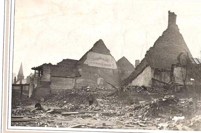 Hillsborough Tabernacle Church in ruins during the Blitz of December 1940