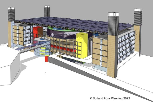 How the 3,000-seat Billiardrome snooker arena proposed for Sheffield, shown here flanked by a hotel, could look (pic: Burland Aura Planning 2022)
