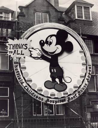 A huge Mickey Mouse on the wall of Sheffield Children's Hospital in August 1976, celebrating a successful appeal for a play centre and accommodation for families of sick children