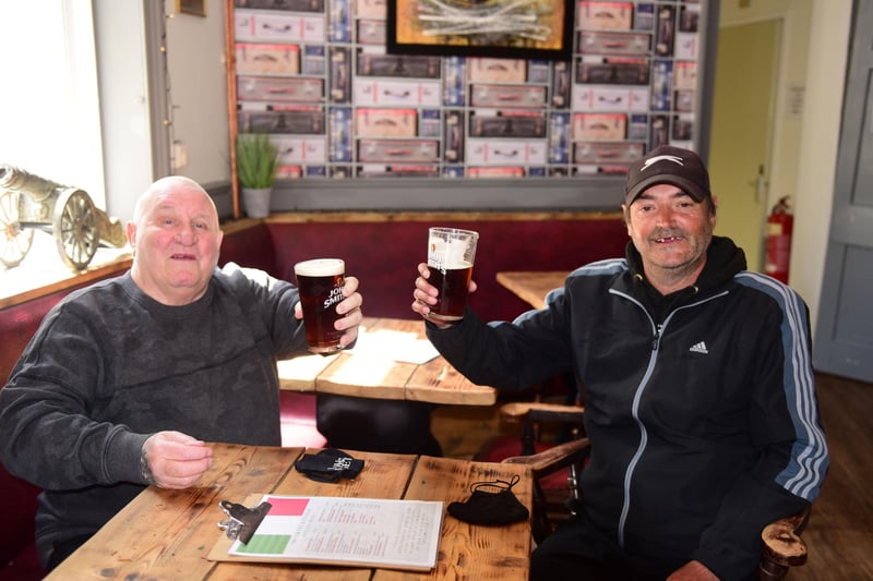 Geordie Johnson and Robert Smith enjoying a pint indoors at the Crown & Anchor, Jarrow.