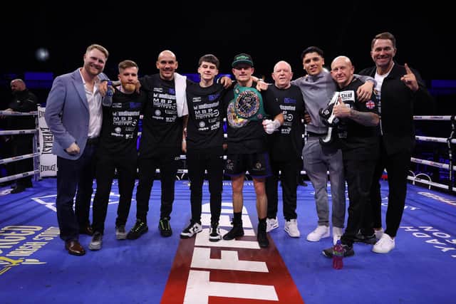 Dalton Smith and his team celebrate victory over Joe Zepeda at Sheffield Arena. Picture: Mark Robinson/Matchroom Boxing