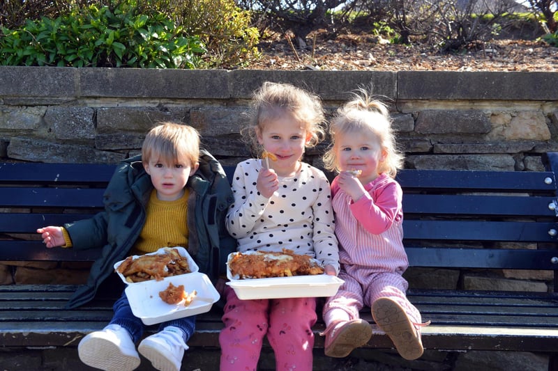 Out and about on Good Friday on The Headland. From left, Alfie Iredale, two, Jessica Brown, four and Sophie Brown, one.
