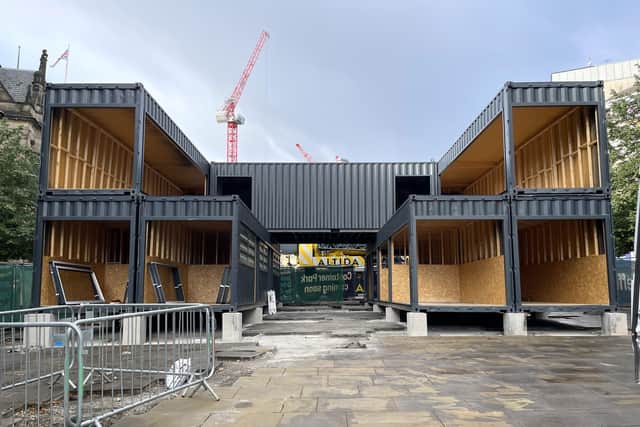 Sheffield Council’s Container Park landed at the top of Fargate today as final finishing touches are made before opening later this month.