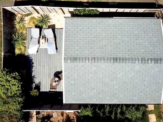 An aerial view of the property's additional one-bedroom cabin, which is being pitched as a ready-to-launch Air BnB business.