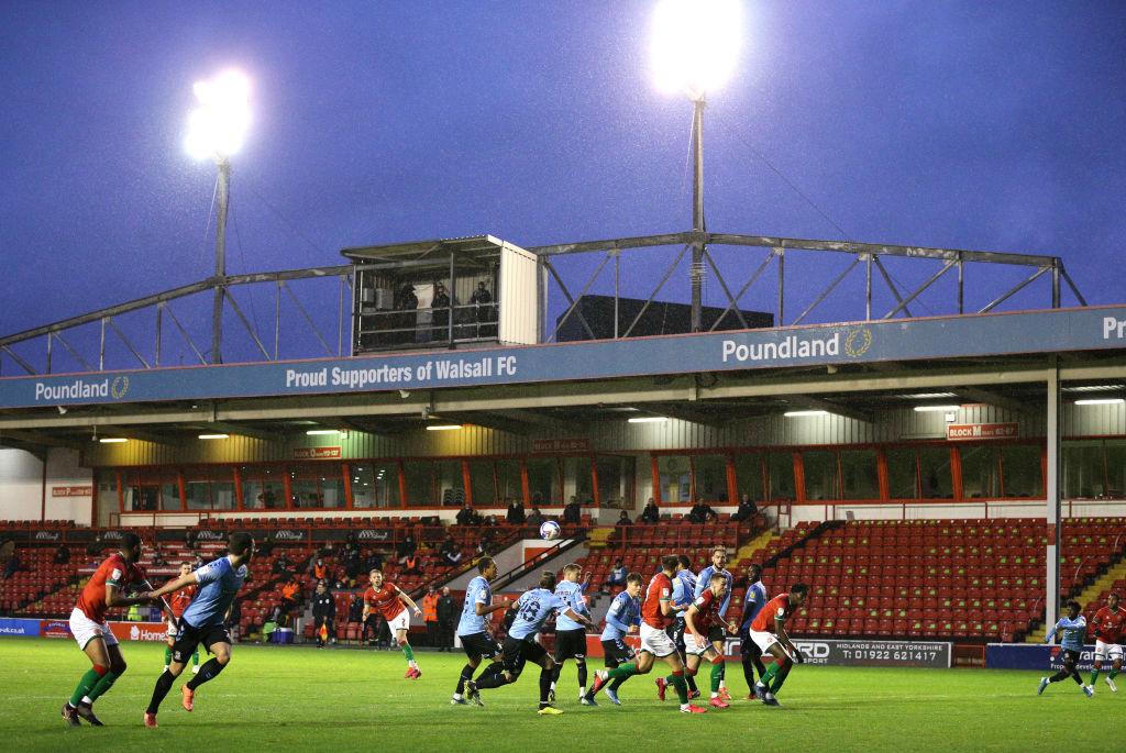 Cameron Norman of Walsall takes a free-kick during the Sky Bet League Two match between Walsall and Southend United. (Photo by Alex Pantling/Getty Images)