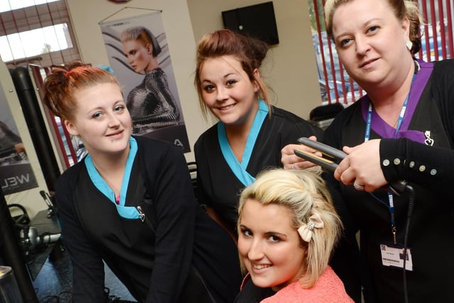 Making the most of the Inspire salon at Doncaster College East, Stainforth in 2012 were l-r Chanelle Gibbon, 17, of Askern, Chloe Foster, 16, of Armthorpe, both beauty therapy students, Natalie Kostyszyn, 20, of Thorne, and Lisa Simms, 29, of Thorne, both hairdressing students