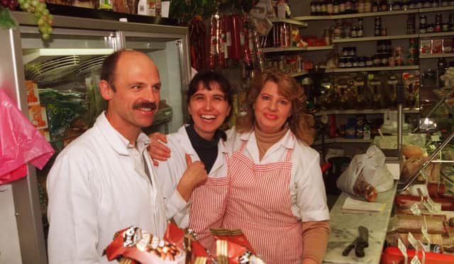 Scicluna Deli at Doncaster Market in 1996, Josie Cooke, owner centre, with assistants Neil and Anna