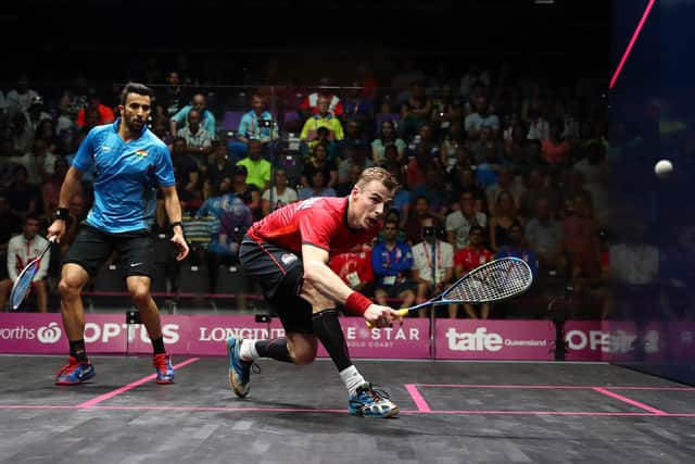 Nick Matthew of England competes against Vikram Malhotra of India in the Squash Mens Singles match on day two of the Gold Coast 2018 Commonwealth Games at Oxenford Studios on April 6, 2018 on the Gold Coast, Australia.  (Photo by Chris Hyde/Getty Images)