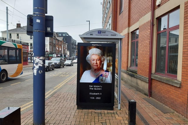 Like all towns and cities across the UK today, many advertising boards have been given over to displaying commemorations to the late Queen.