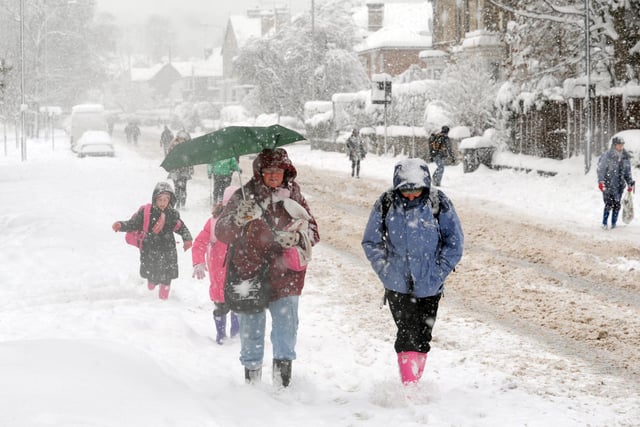 A pedestrians walking on Abbeydale Road South, Millhouses, Sheffield during the rush hour with not a bus or vehicles in sight during heavy snow fall in early December  2010