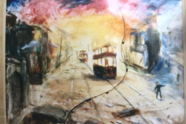 Joyce Spurr's painting of a tram on fire during the Sheffield Blitz