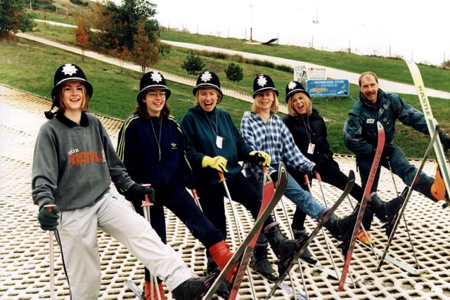 Students from Kirkball School with a Sheffield Ski Village instructor, far right, after learning to ski in eight hours for the Barnsley Police Trident Challenge Award, October 1997