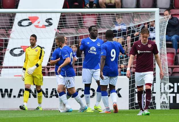 Romelu Lukakau celebrates completing his hat-trick at Tynecastle. Picture: Getty