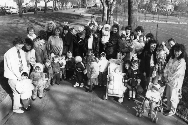 Back to March 1992 for this view of mums and youngsters of Mortimer Community Associaton toddler group. They were pictured on a sponsored toddle around Readhead Park to raise funds for new outdoor activity equipment.