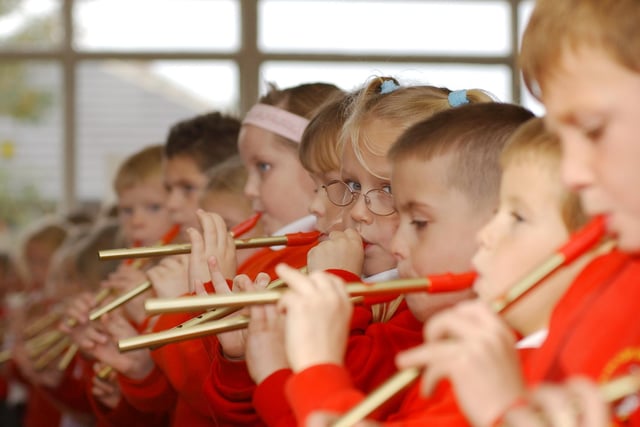 Year 2 students at Monkton Infants show off their musical skills in 2005.