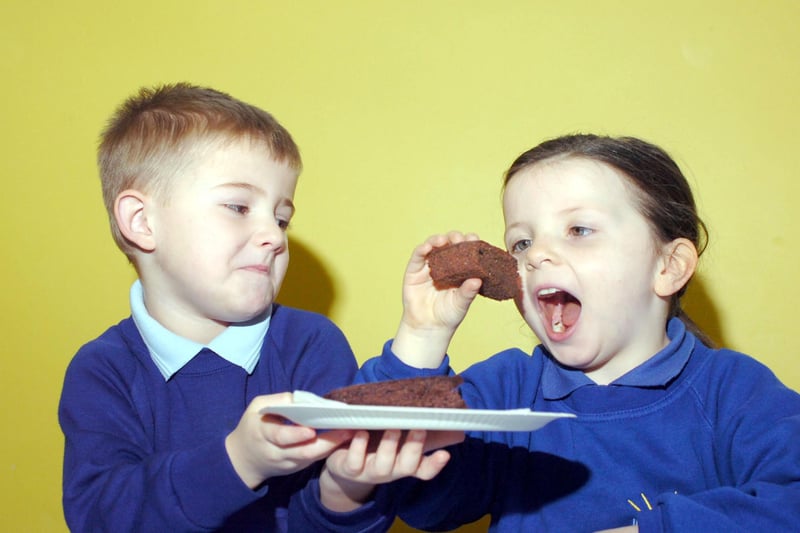 Back to 2008 and a scene from Witherwack Primary School. Pupils Jordan Wheeler and Abby Robson, both 5, were sampling chocolate beetroot cake as part of a Sunderland School Meal Service project.