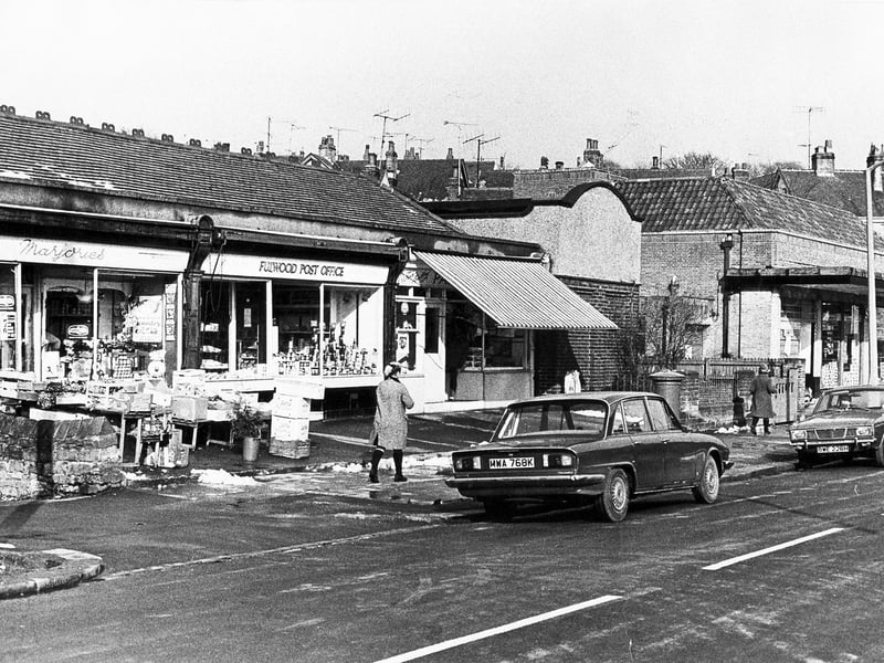 Shops at Brooklands Avenue in the centre of Fulwood, Sheffield, March 1, 1974