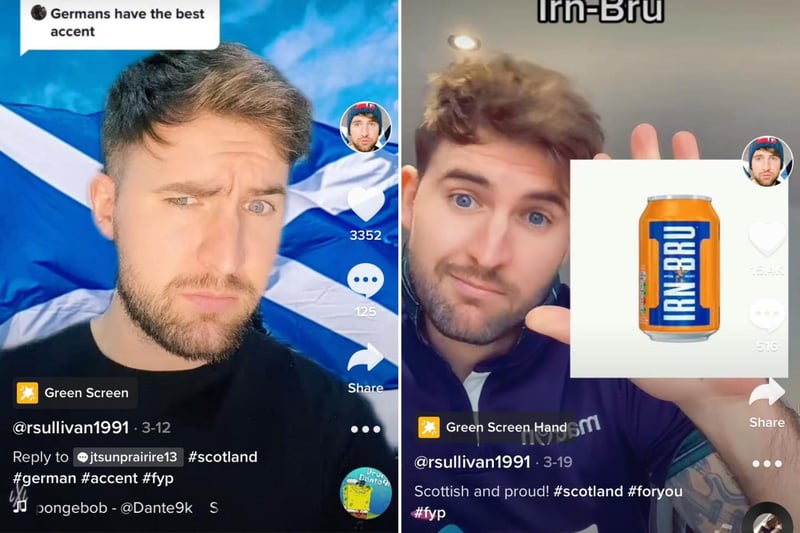 R Sullivan has 380k followers and 4.2m likes on his TikTok, where he shares funny videos about being Scottish.