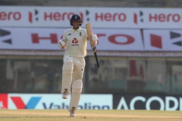 Joe Root celebrates his hundred against India - in his 100th Test match for England. Photo by Pankaj Nangia/ Sportzpics for BCCI
