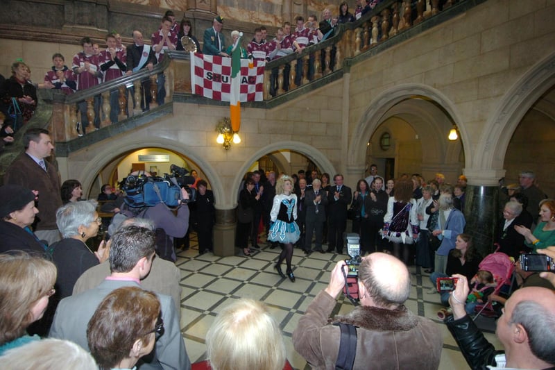 Irish dancers performing in the packed lobby at Sheffield Town Hall, where a civic reception was held in celebration of St Patrick's Day 2009