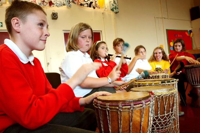 A 2003 scene showing Year 5 pupils at Hylton Red House Primary as they practised for a drumming session at the Harvest Festival celebrations.